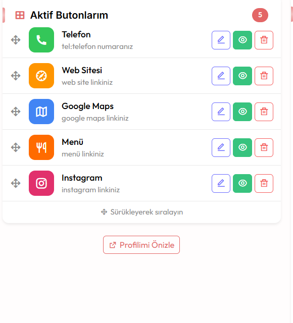 Buton yönetimi sayfası